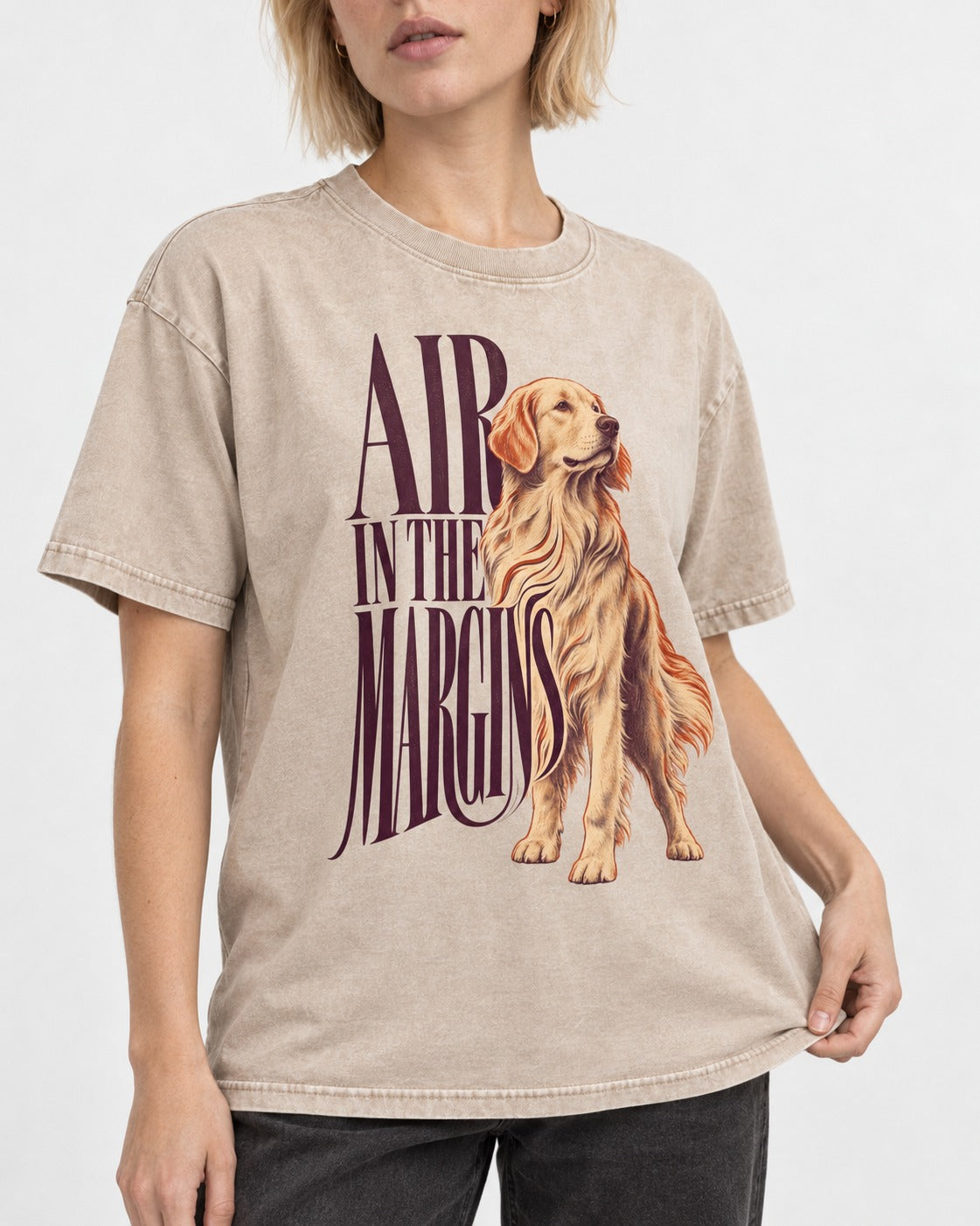 Golden Retriever In the Margins Washed Tee in Apricot, worn by a model, front view