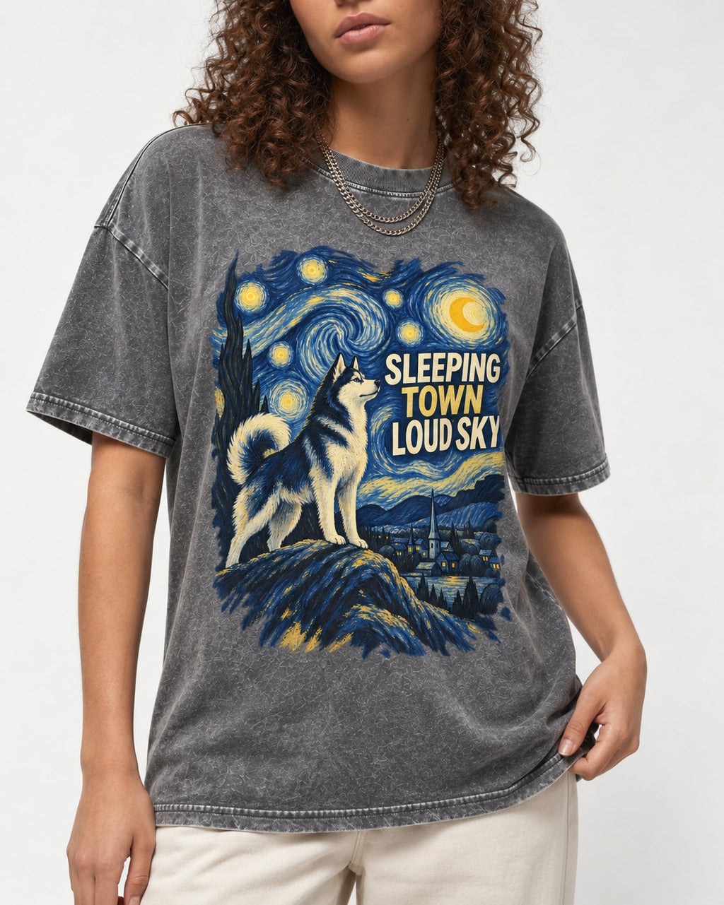 Husky Sleeping Town Loud Sky Starry Night Graphic Washed Tee in Gray, worn by a model, front view