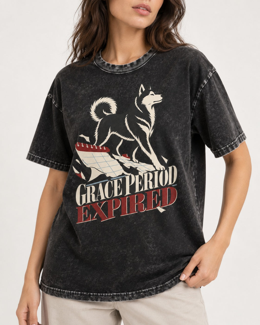 Husky Grace Period Expired Torn Calendar Graphic Washed Tee in Black, worn by a model, front view