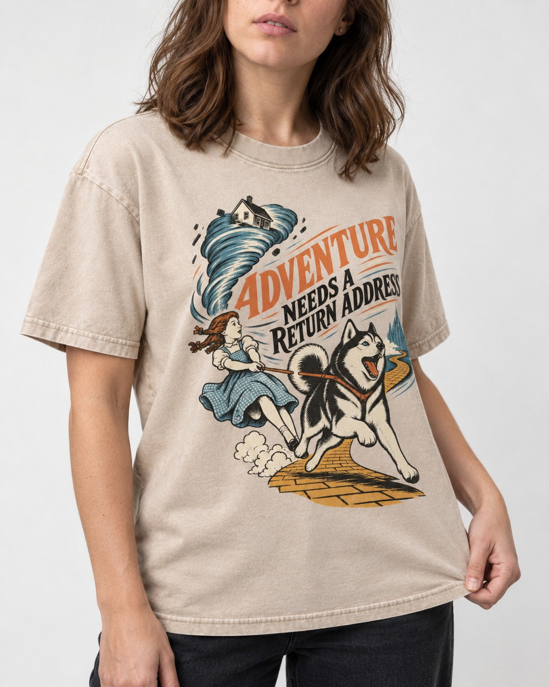 Husky Needs a Return Address Washed Tee in Apricot, worn by a model, front view