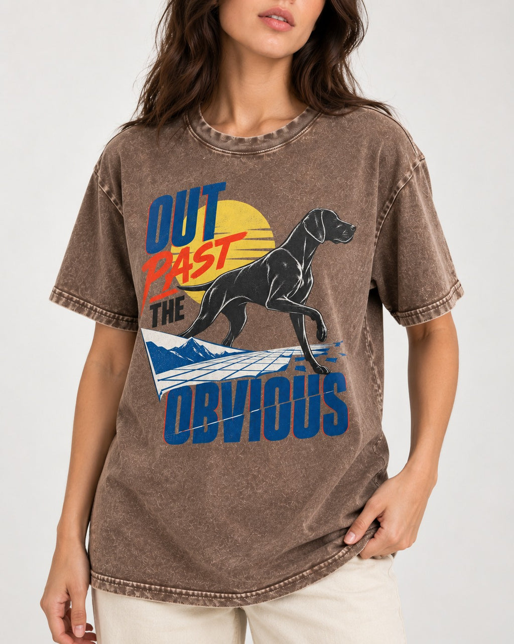 Out Past the Obvious German Shorthaired Pointer Washed Tee in Coffee, worn by a model, front view
