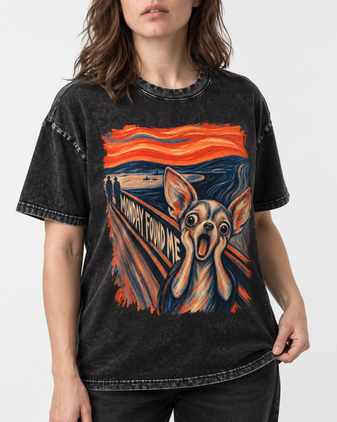 Monday Found Me Chihuahua Scream Path Washed Tee in Black, worn by a model, front view