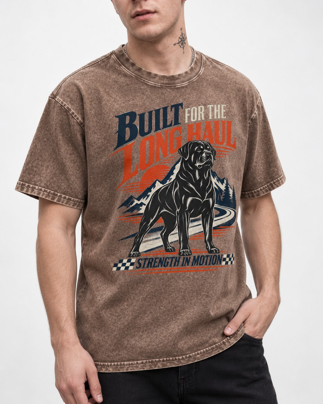 Built for the Long Haul Rottweiler Strength in Motion Washed Tee in Coffee, worn by a model, front view