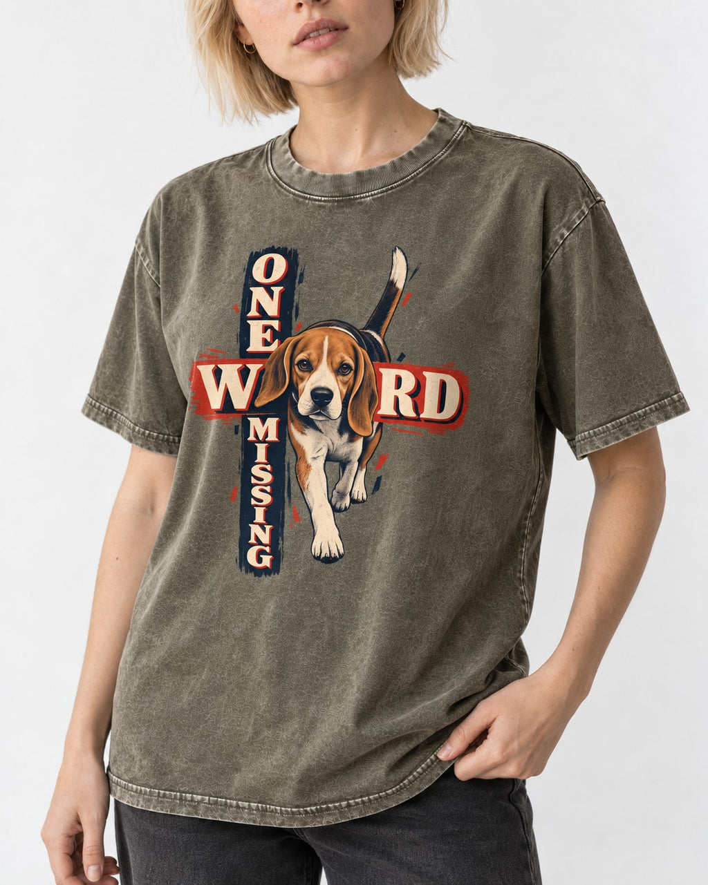 Beagle One Word Missing Washed Tee in Army Green, worn by a model, front view