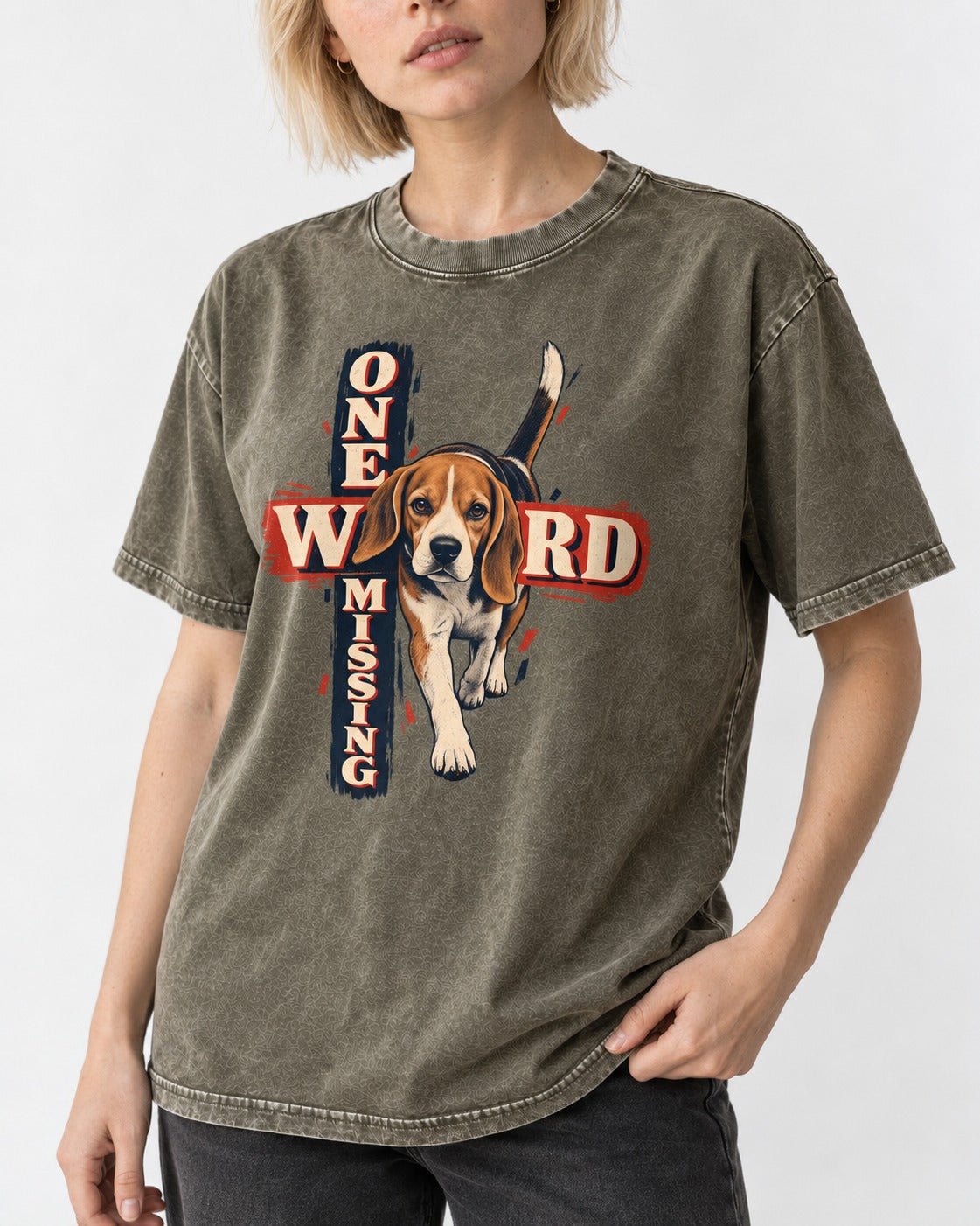 Beagle One Word Missing Washed Tee in Army Green, worn by a model, front view