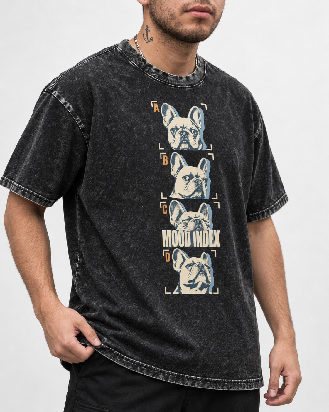 Frenchie Mood Index Four-Panel Strip Graphic Washed Tee in Black, worn by a model, front view