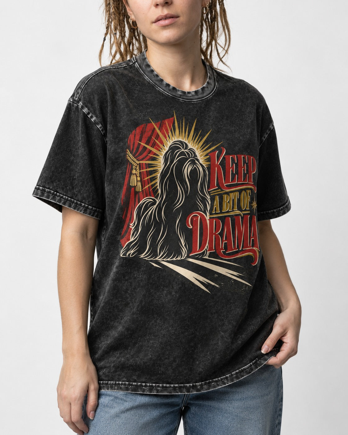 Shih Tzu Keep a Bit of Drama Theater Graphic Washed Tee in Black, worn by a model, front view