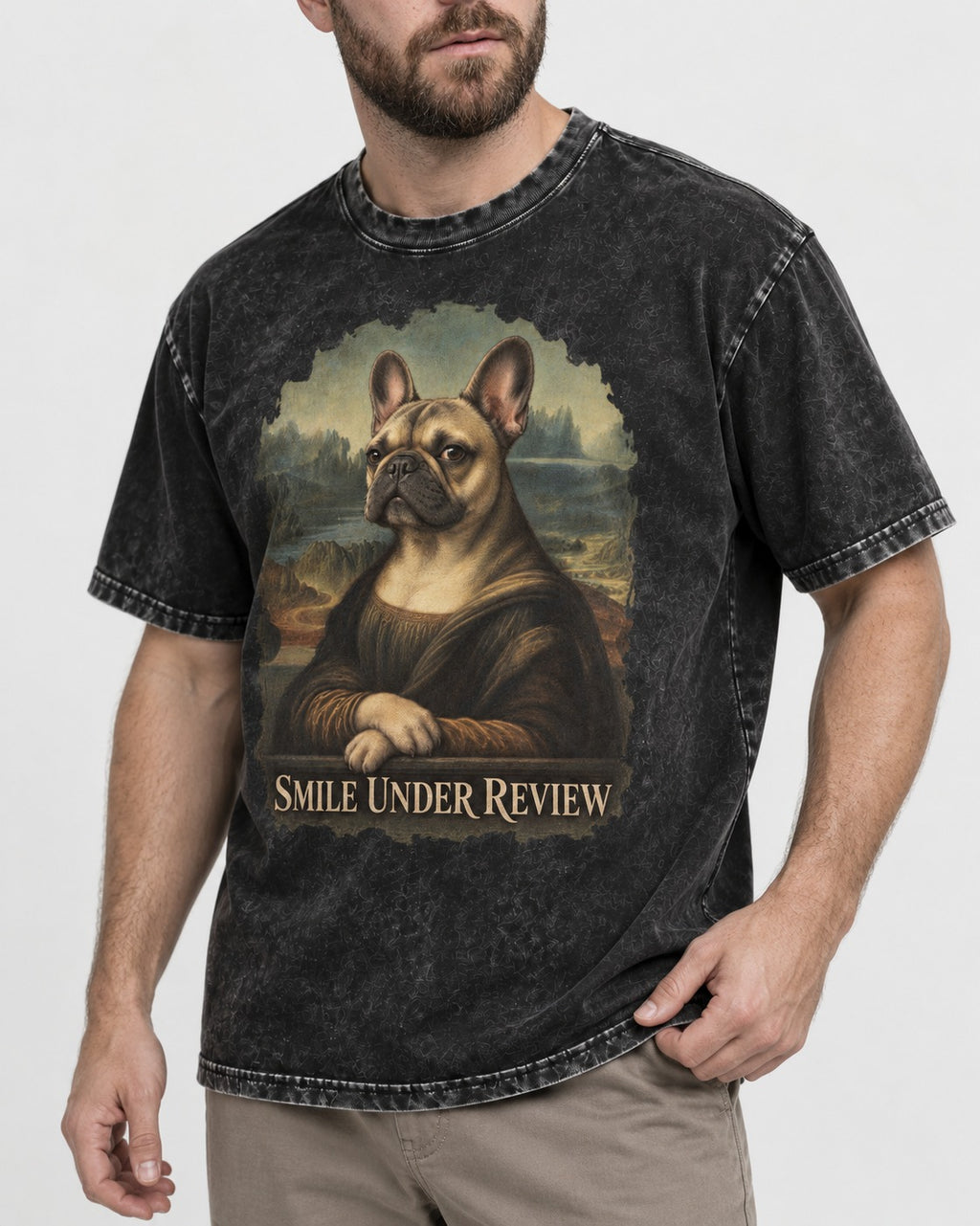 Frenchie Smile Under Review Renaissance Portrait Washed Tee in Black, worn by a model, front view