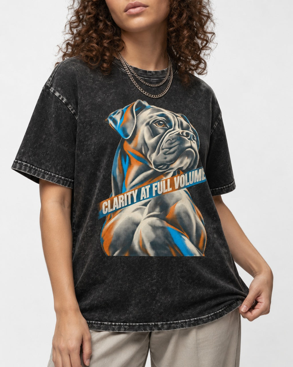 Clarity at Full Volume Boxer Portrait Washed Tee in Black, worn by a model, front view