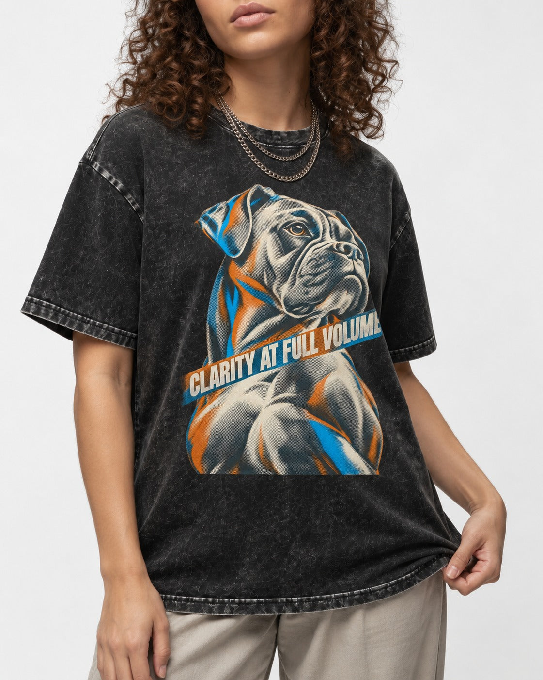 Clarity at Full Volume Boxer Portrait Washed Tee in Black, worn by a model, front view