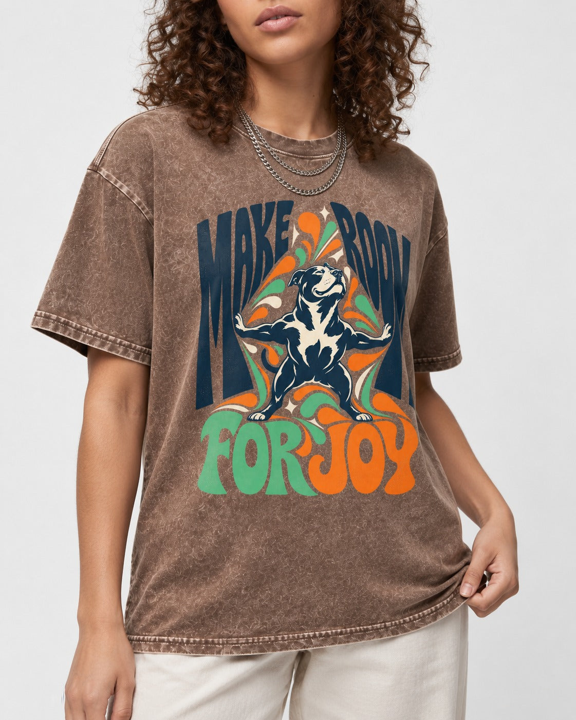 Pitbull Make Room for Joy Washed Tee in Coffee, worn by a model, front view