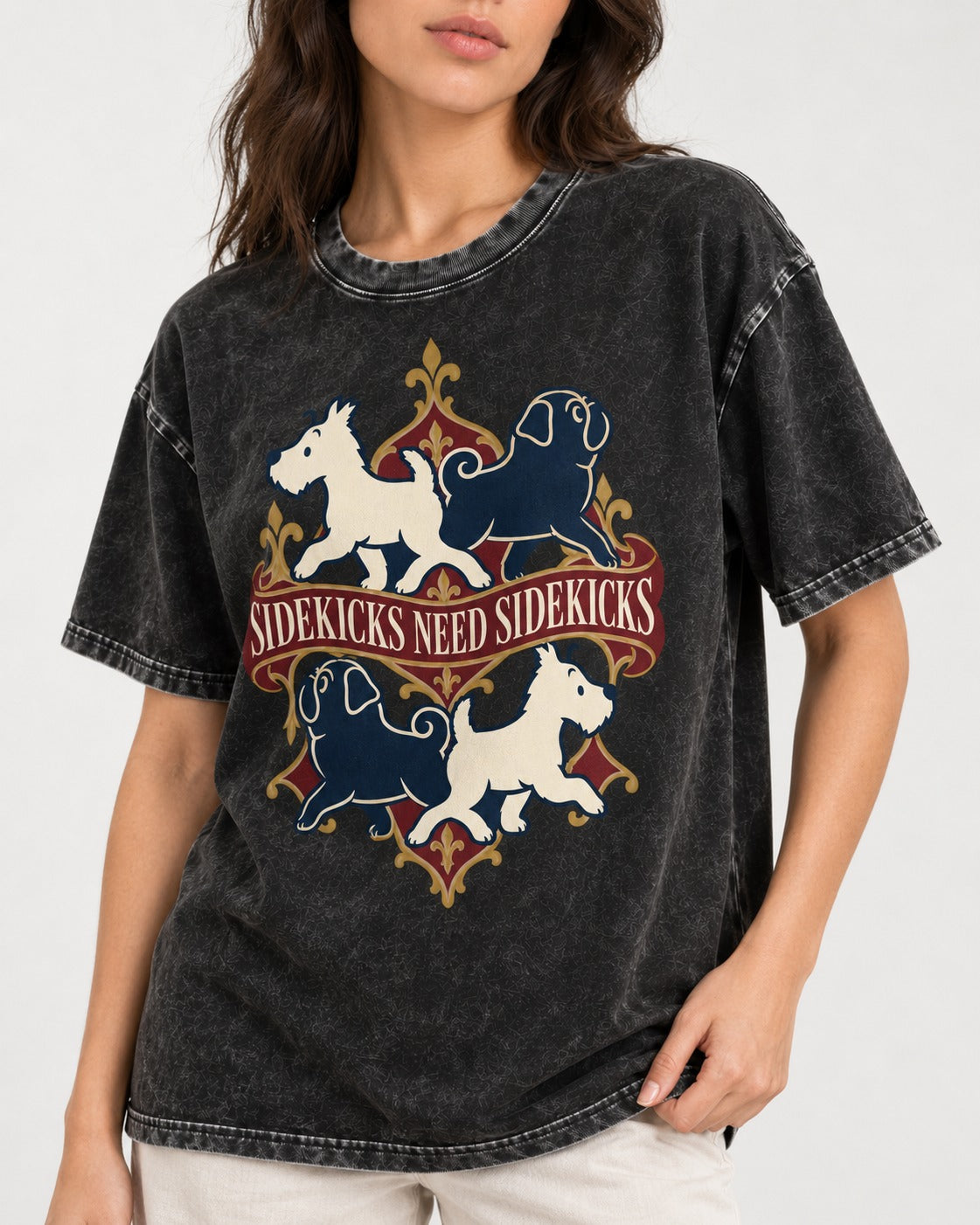 Pug Sidekicks Need Sidekicks Heraldic Graphic Washed Tee in Black, worn by a model, front view