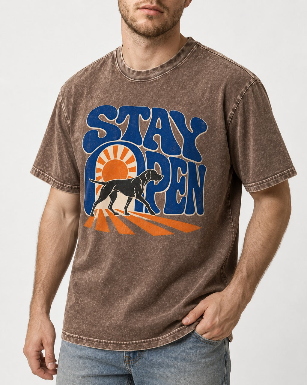 Stay Open German Shorthaired Pointer Washed Tee in Coffee, worn by a model, front view