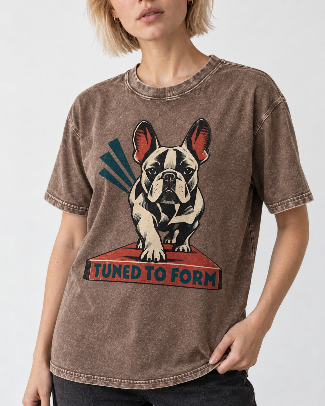 Frenchie Tuned to Form Washed Tee in Coffee, worn by a model, front view
