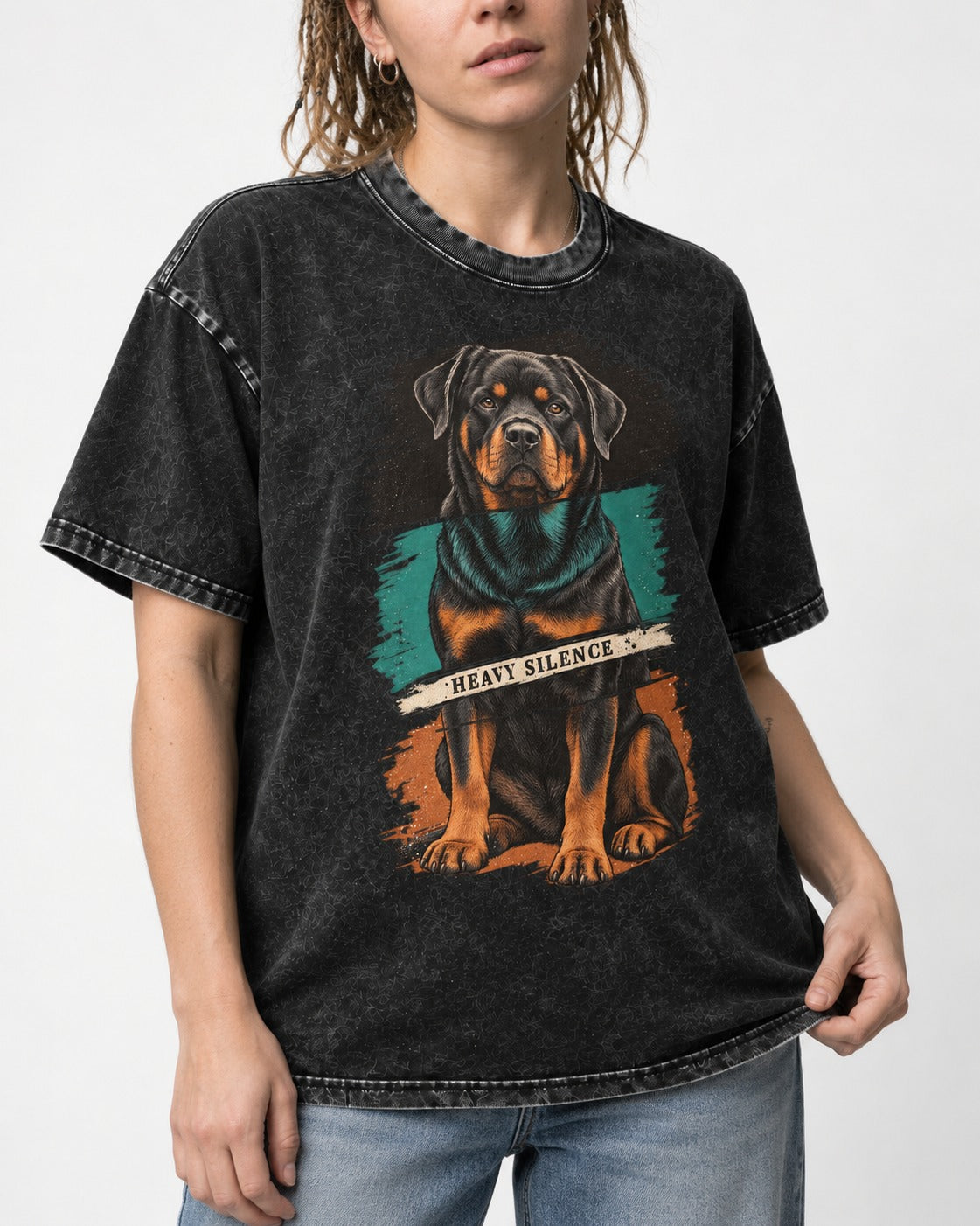 Rottweiler Heavy Silence Brushstroke Portrait Graphic Washed Tee in Black, worn by a model, front view