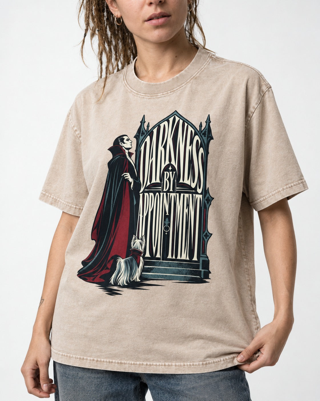 Darkness by Appointment with Yorkshire Terrier Washed Tee in Apricot, worn by a model, front view