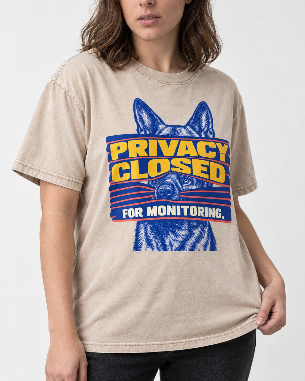 German Shepherd Dog Privacy Closed for Monitoring Washed Tee in Apricot, worn by a model, front view
