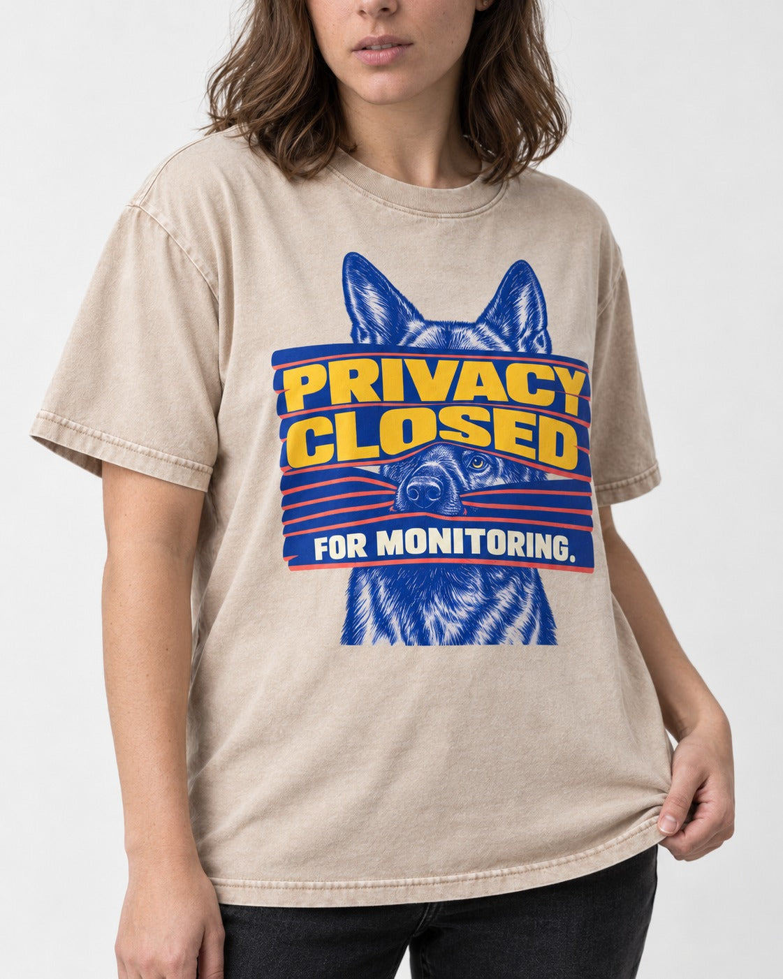 German Shepherd Dog Privacy Closed for Monitoring Washed Tee in Apricot, worn by a model, front view
