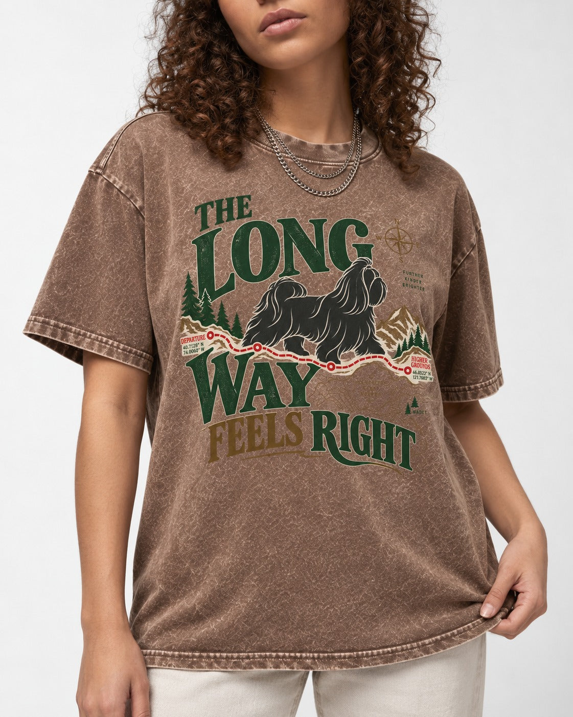 Shih Tzu Takes the Long Way Washed Tee in Coffee, worn by a model, front view