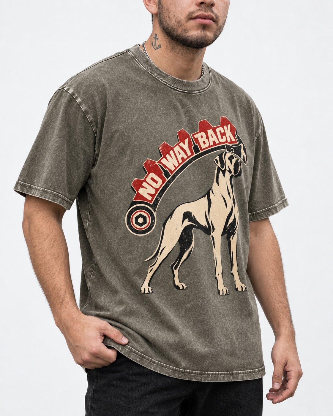 Great Dane No Way Back Arrow Graphic Washed Tee in Army Green, worn by a model, front view