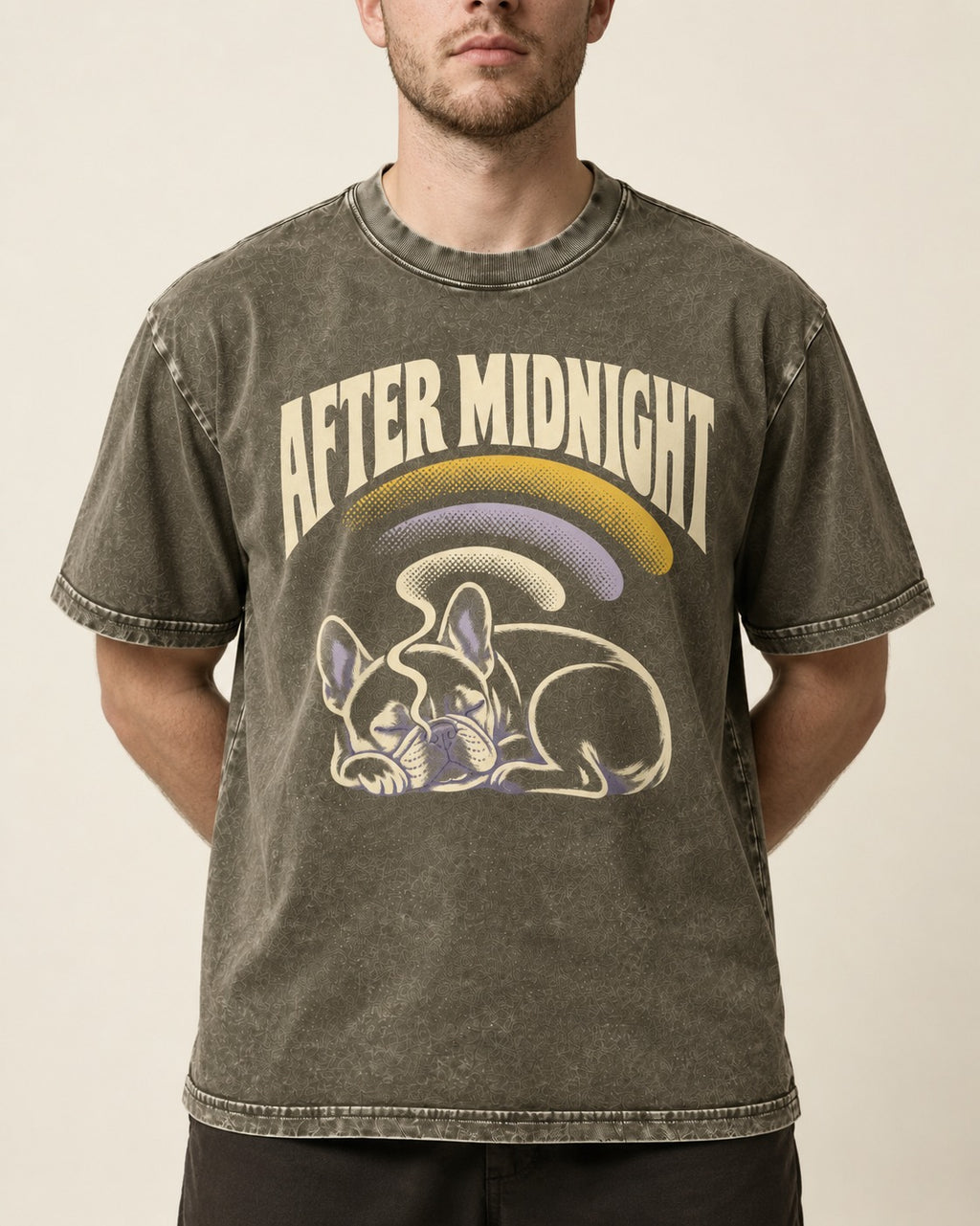 Frenchie After Midnight Sleeping Graphic Washed Tee in Army Green, worn by a model, front view