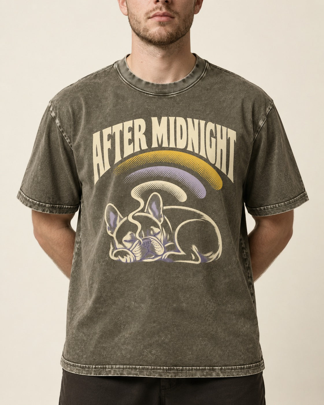 Frenchie After Midnight Sleeping Graphic Washed Tee in Army Green, worn by a model, front view