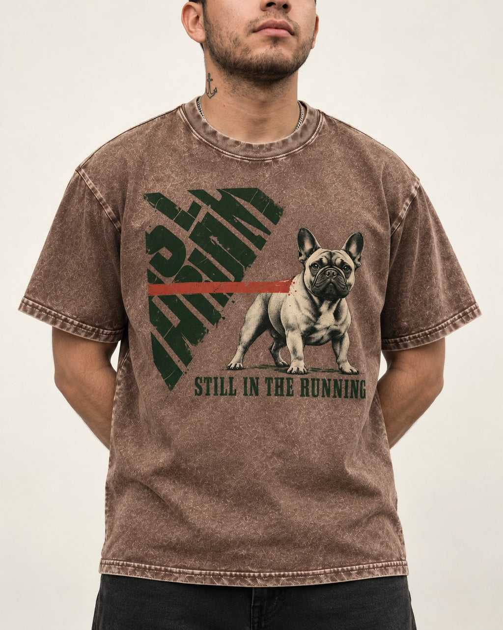 Frenchie Still in the Running Washed Tee in Coffee, worn by a model, front view