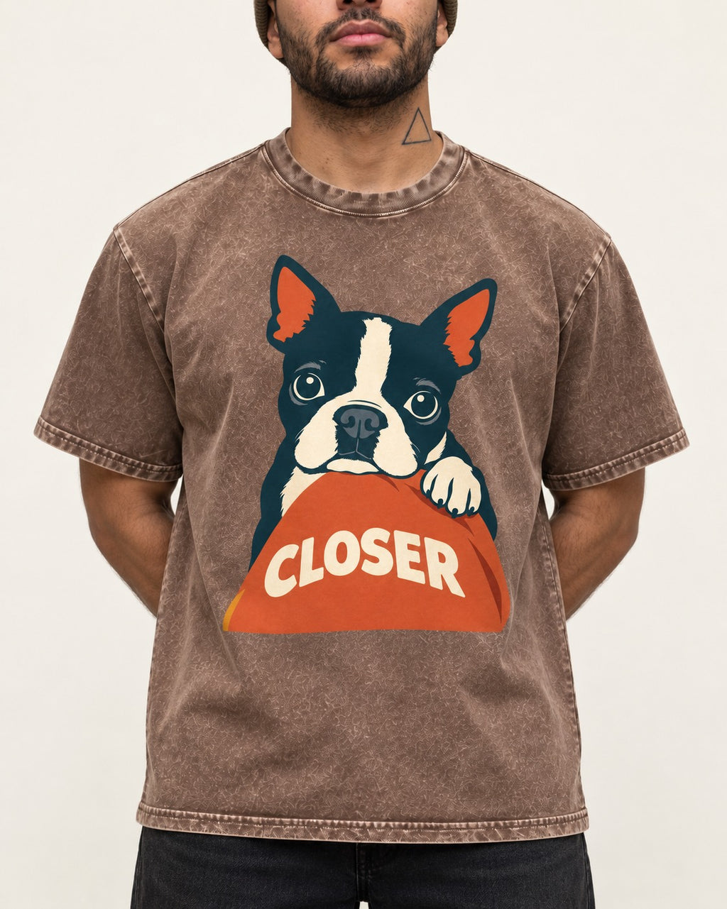 Come Closer Boston Terrier Washed Tee in Coffee, worn by a model, front view