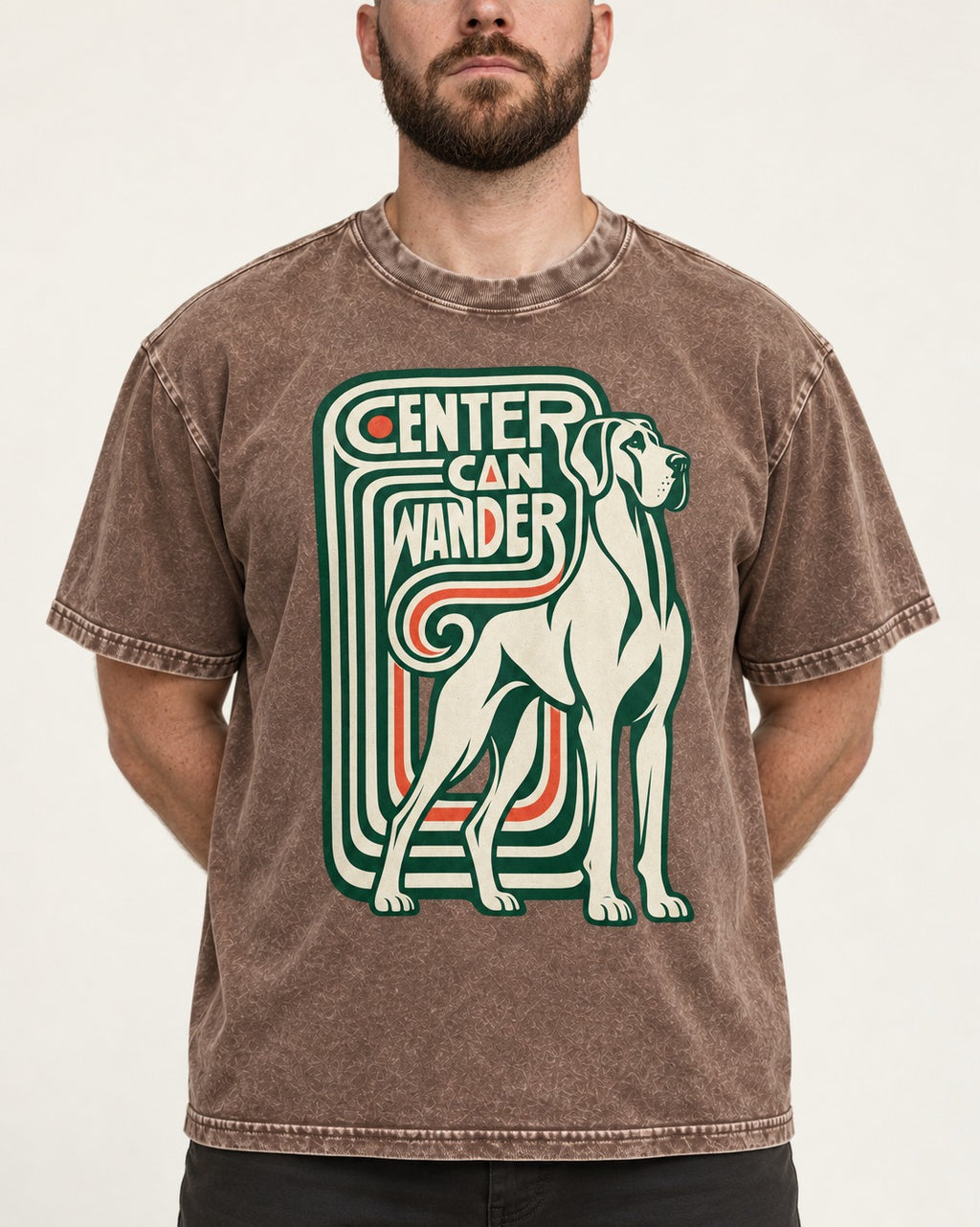 Great Dane Center Can Wander Washed Tee in Coffee, worn by a model, front view
