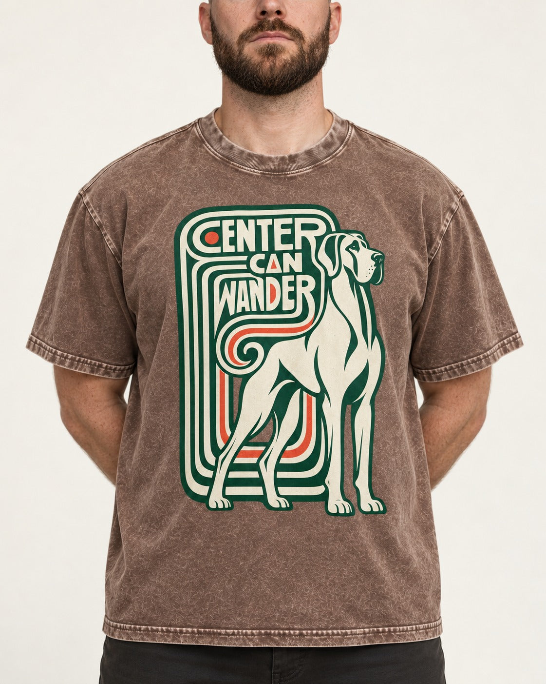 Great Dane Center Can Wander Washed Tee in Coffee, worn by a model, front view
