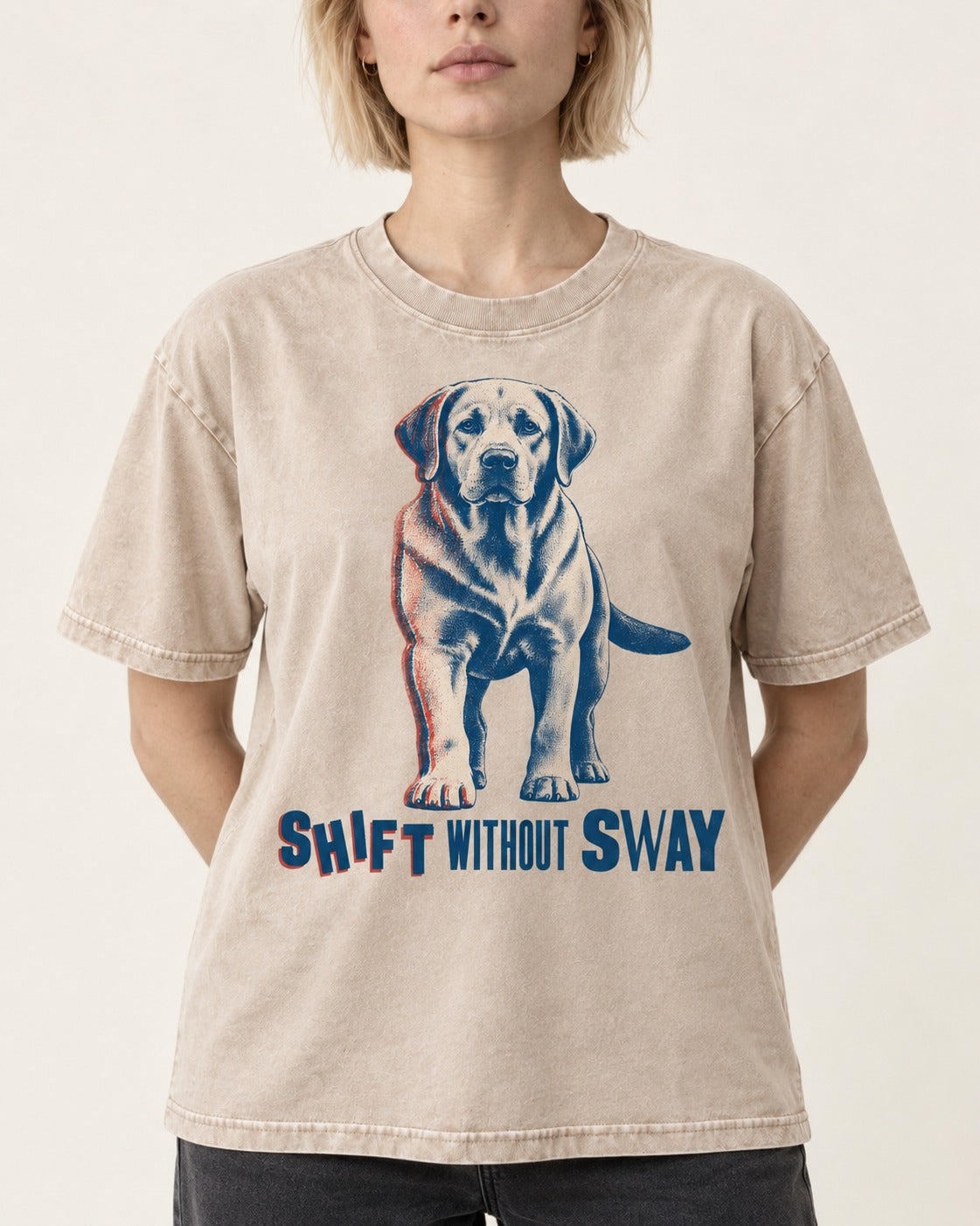 Shift Without Sway Labrador Retriever Washed Tee in Apricot, worn by a model, front view