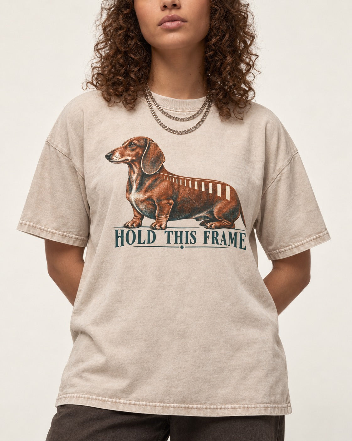 Dachshund Hold This Frame Washed Tee in Apricot, worn by a model, front view