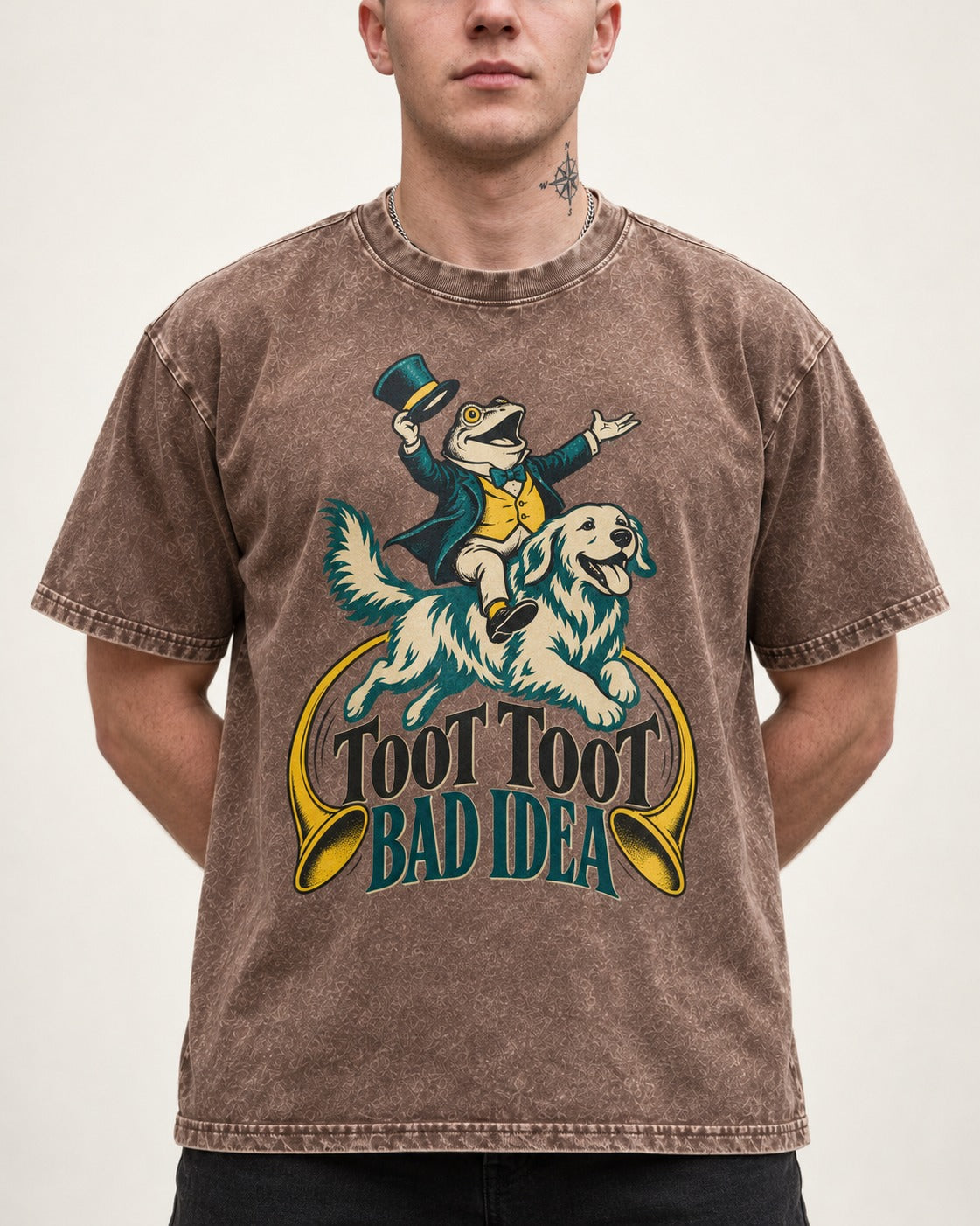 Golden Retriever Toot Toot Bad Idea Washed Tee in Coffee, worn by a model, front view