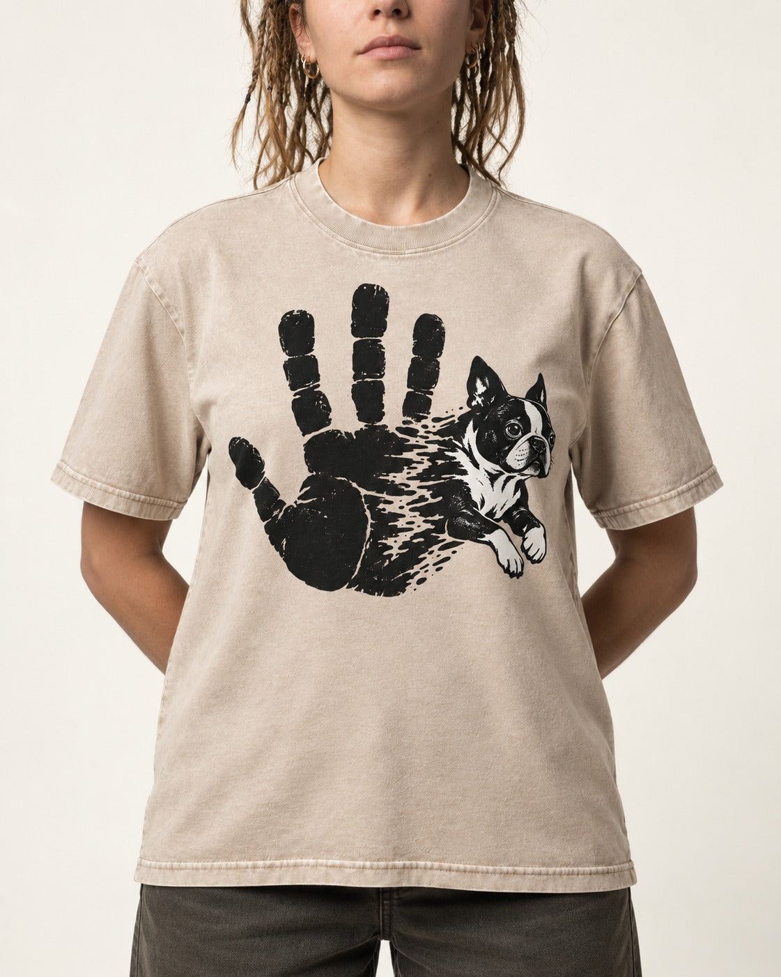 Boston Terrier High Five Washed Tee in Apricot, worn by a model, front view