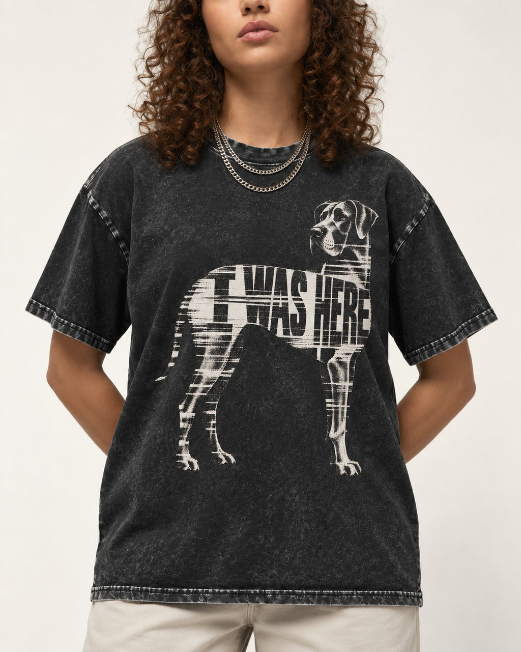 Great Dane I Was Here Plaid Silhouette Graphic Washed Tee in Black, worn by a model, front view