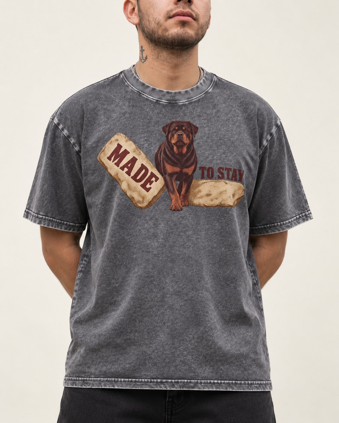 Rottweiler Made to Stay Stepping Stone Graphic Washed Tee in Gray, worn by a model, front view