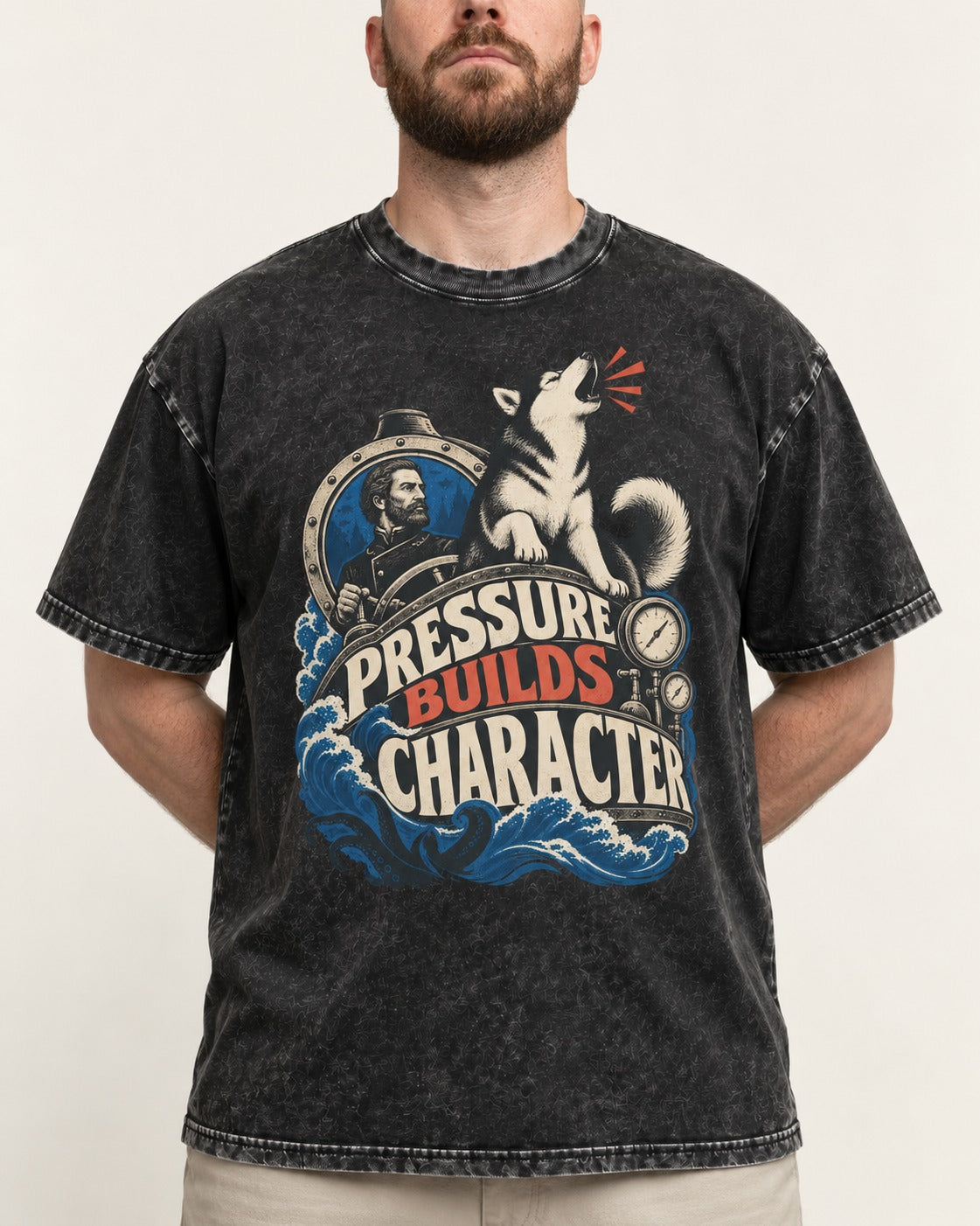 Husky Pressure Builds Character Deep Sea Graphic Washed Tee in Black, worn by a model, front view