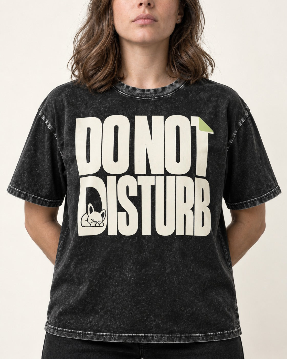 Frenchie Do Not Disturb Hidden Sleeping Graphic Washed Tee in Black, worn by a model, front view