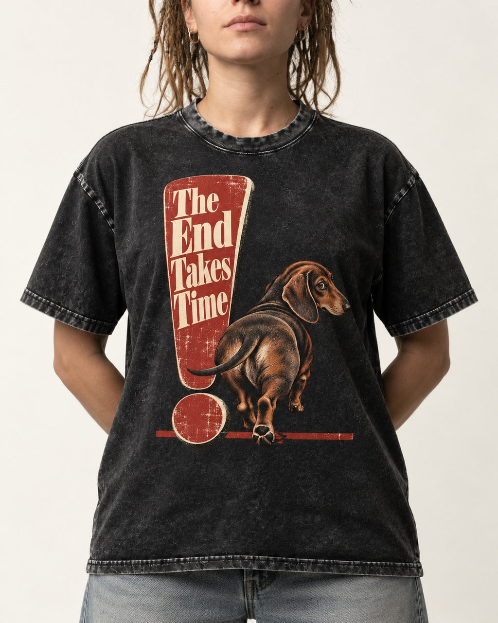 Dachshund The End Takes Time Exclamation Mark Graphic Washed Tee in Black, worn by a model, front view