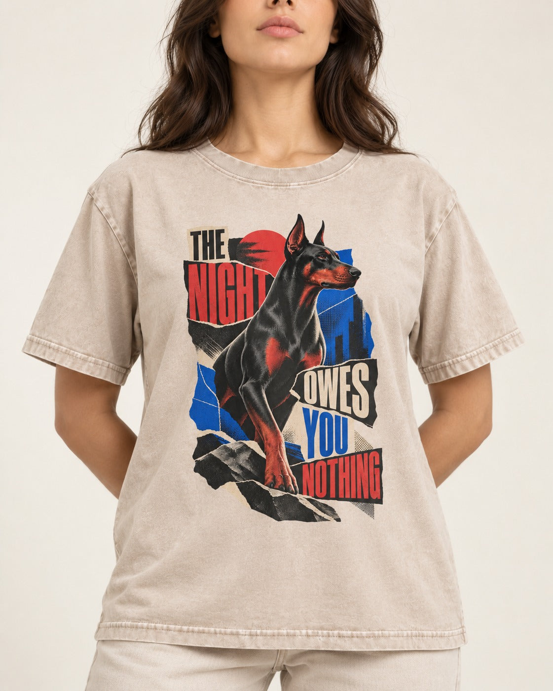Night Owes You Nothing Doberman Washed Tee in Apricot, worn by a model, front view