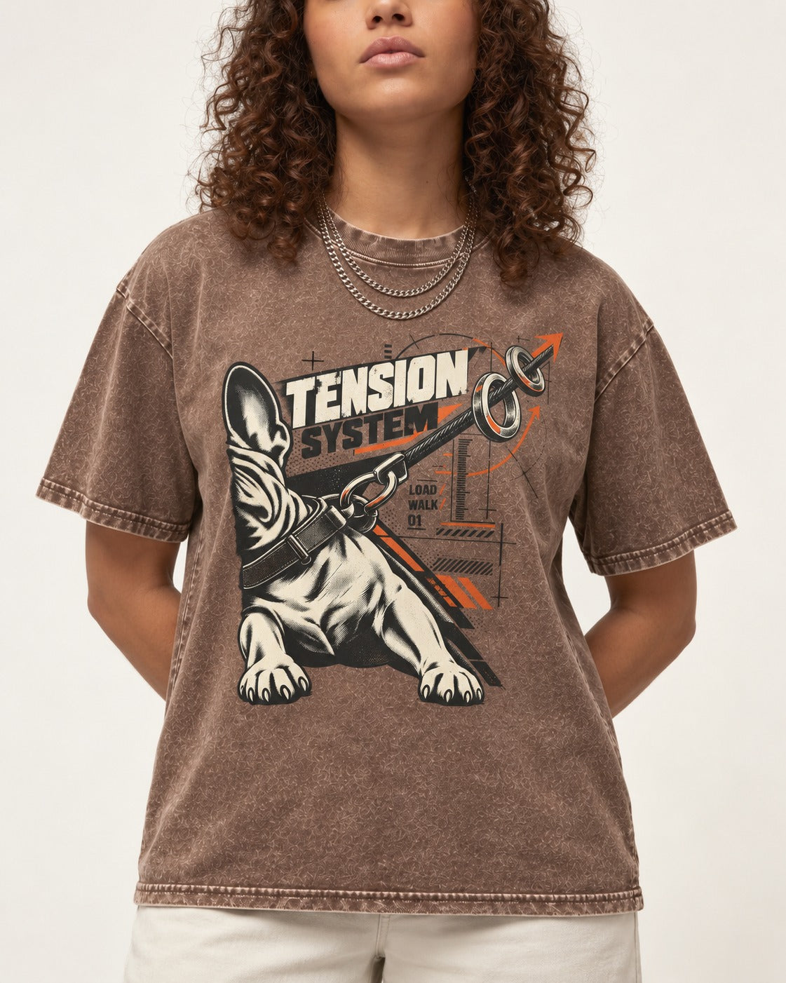 Frenchie Tension System Washed Tee in Coffee, worn by a model, front view