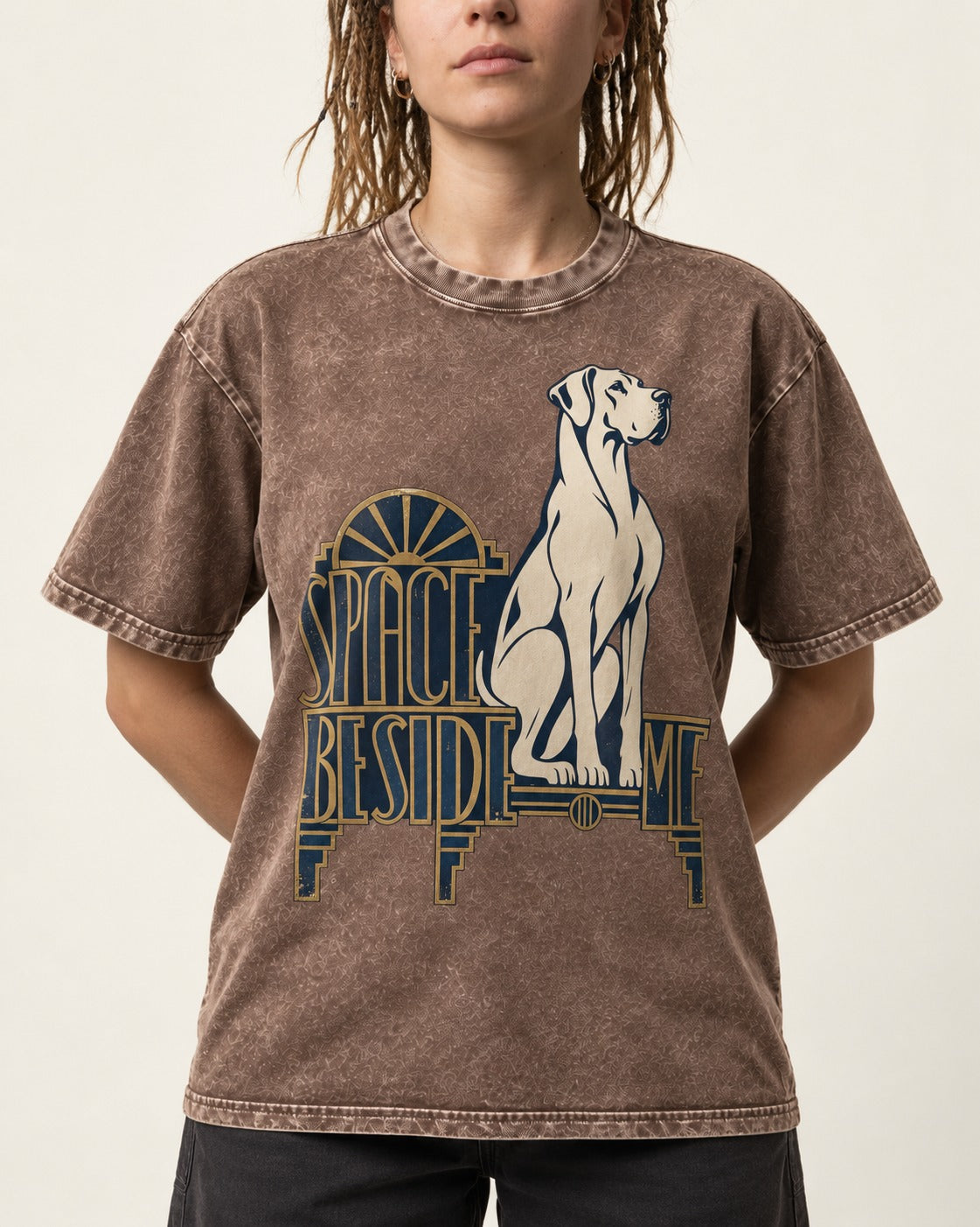 Great Dane's Space Beside Me Washed Tee in Coffee, worn by a model, front view