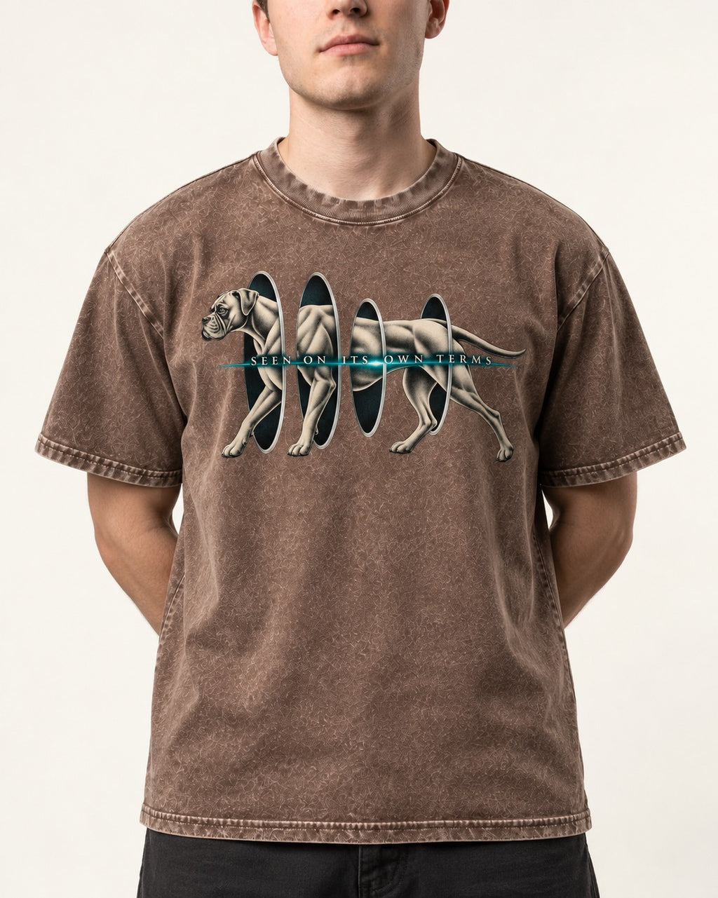 Boxer On Its Own Terms Washed Tee in Coffee, worn by a model, front view