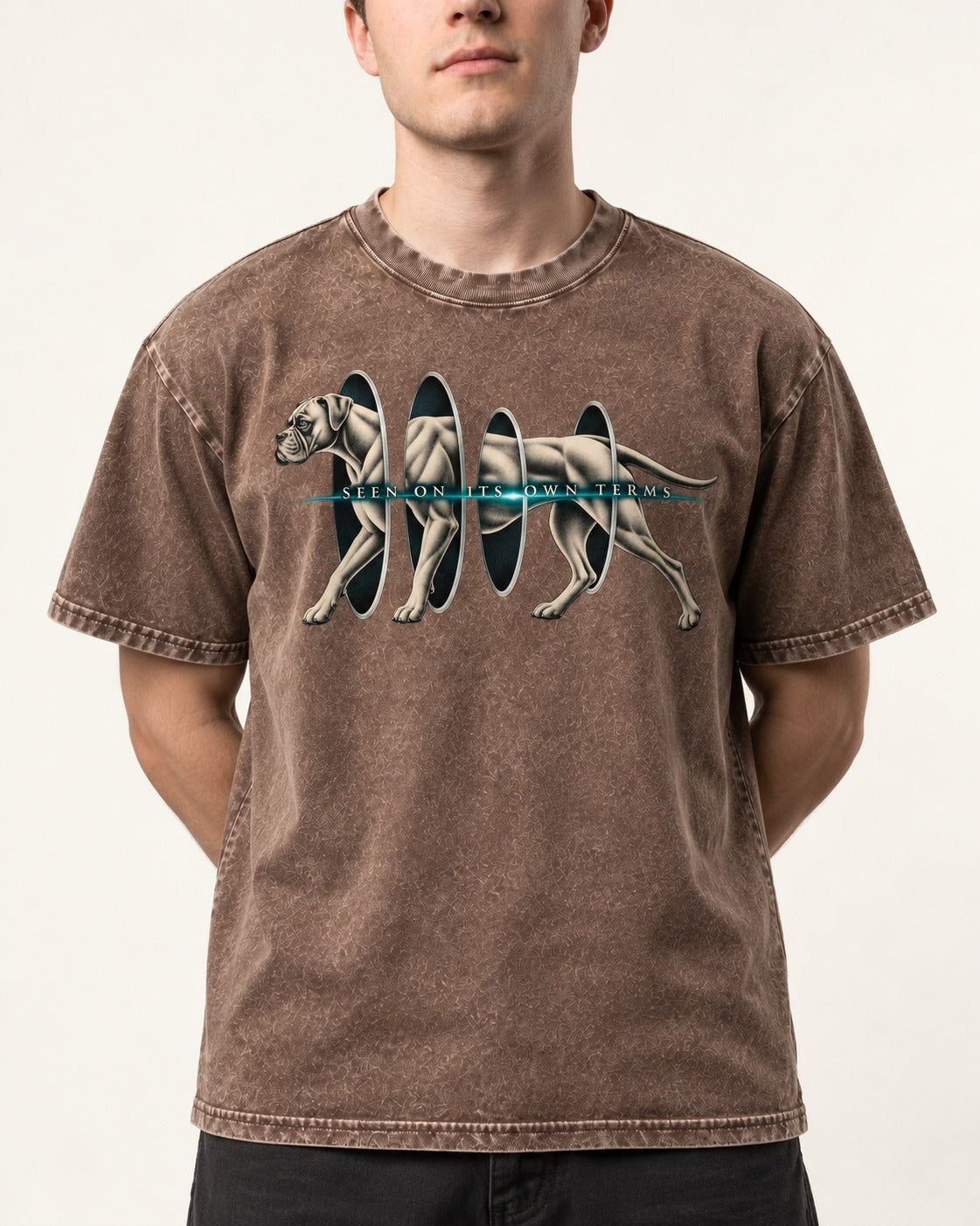 Boxer On Its Own Terms Washed Tee in Coffee, worn by a model, front view
