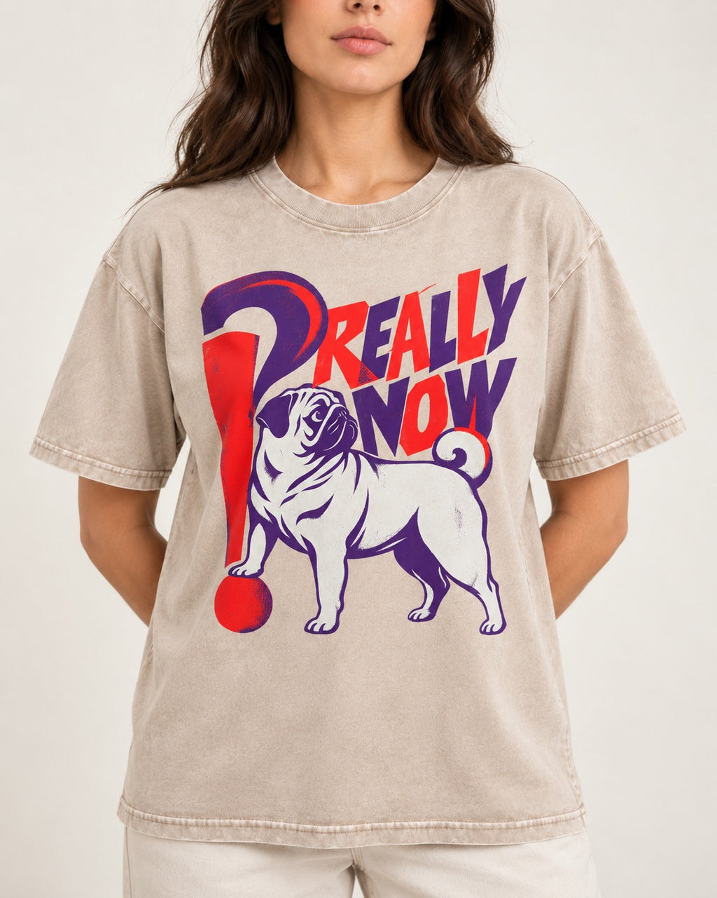 Really Now Pug Washed Tee in Apricot, worn by a model, front view