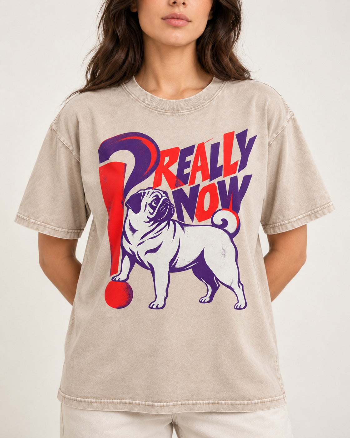 Really Now Pug Washed Tee in Apricot, worn by a model, front view