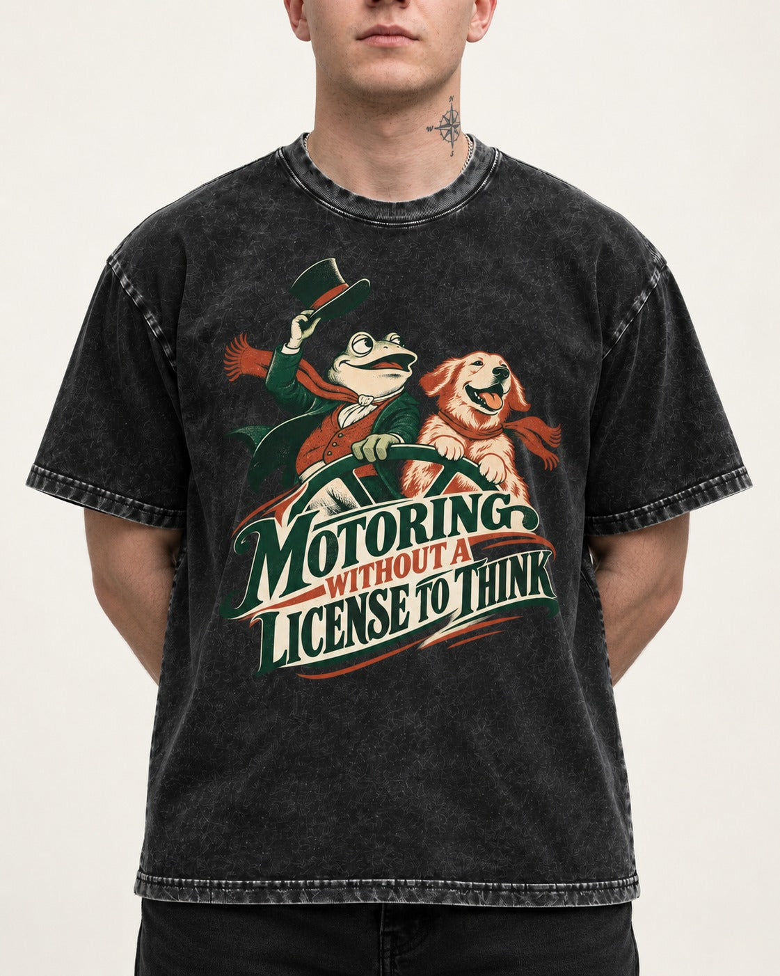 Golden Retriever Motoring Without a License to Think Driving Graphic Washed Tee in Black, worn by a model, front view