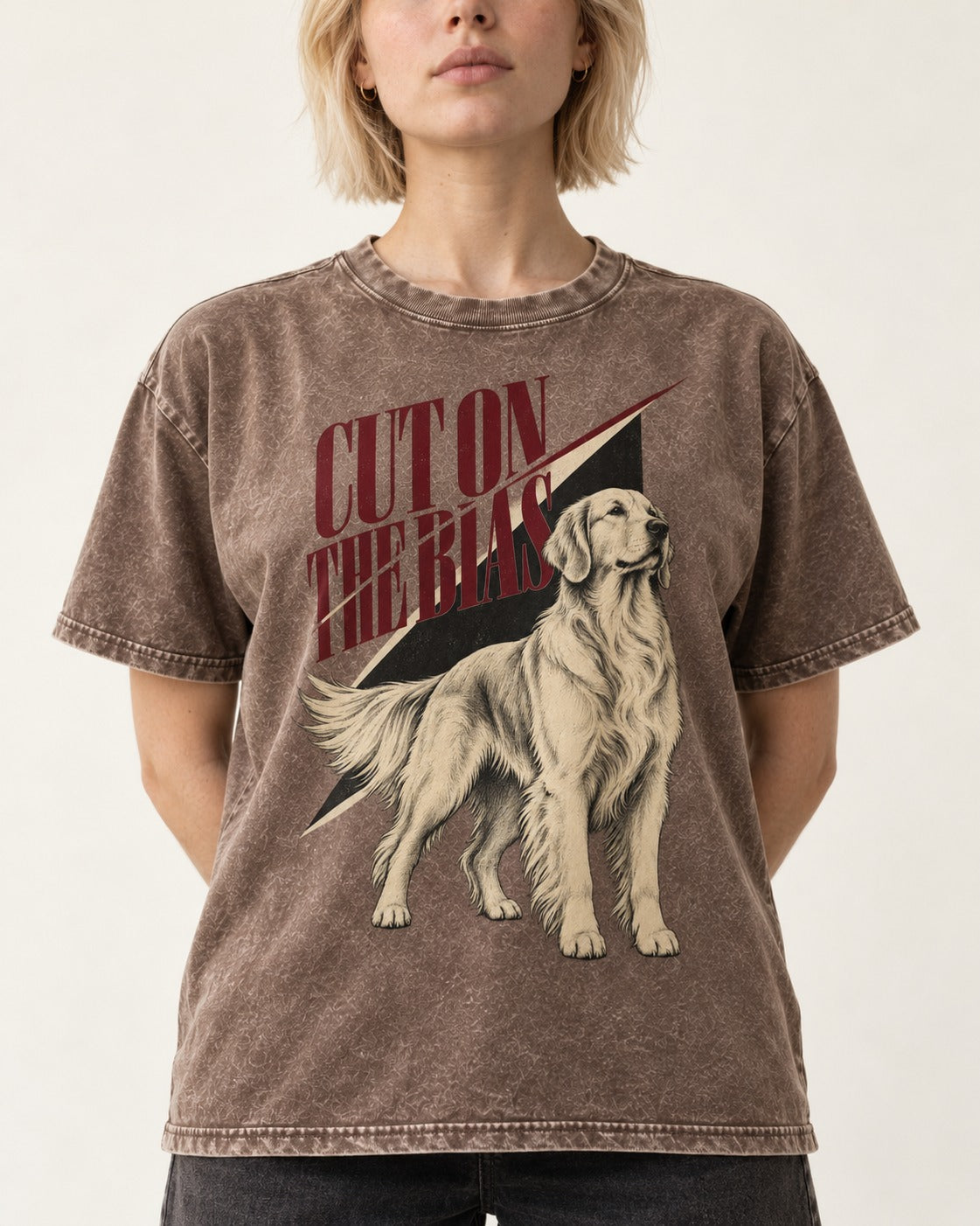 Cut on the Bias Golden Retriever Washed Tee in Coffee, worn by a model, front view