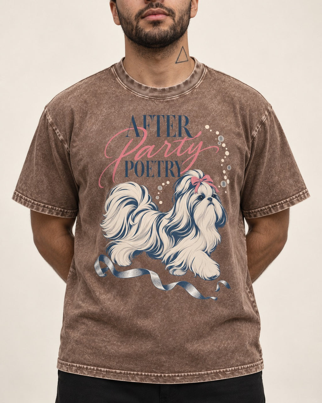 After Party Poetry Shih Tzu Washed Tee in Coffee, worn by a model, front view