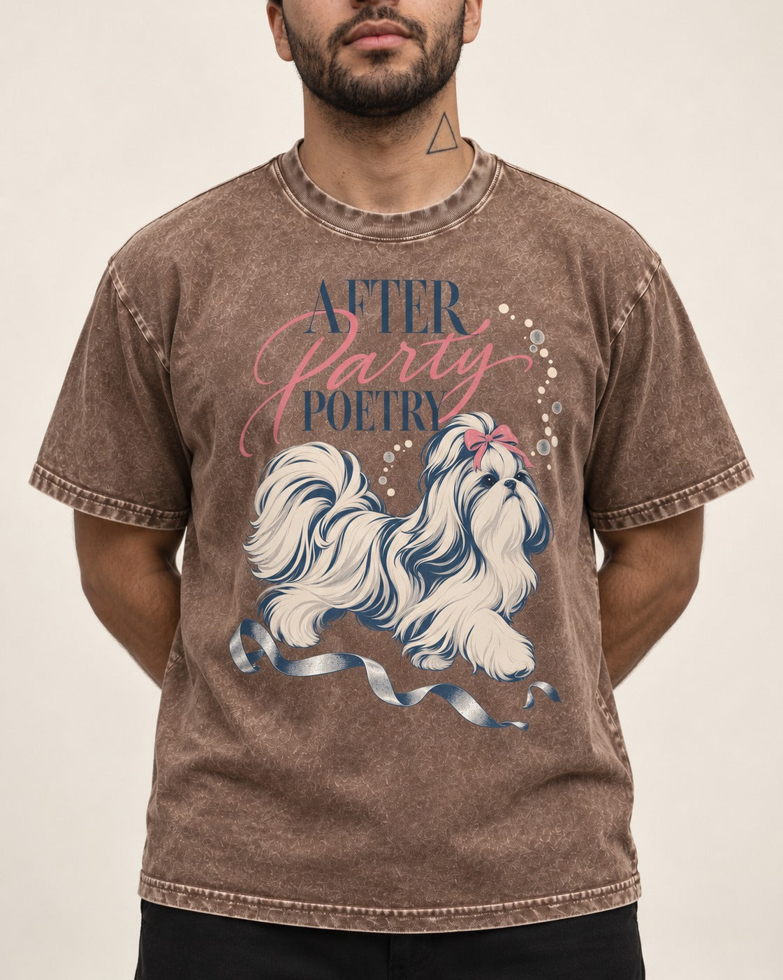 After Party Poetry Shih Tzu Washed Tee in Coffee, worn by a model, front view